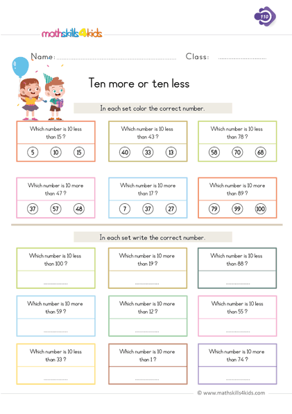 Free printable 1st Grade addition and subtraction worksheets - ten more or tens less addition and subtraction worksheets