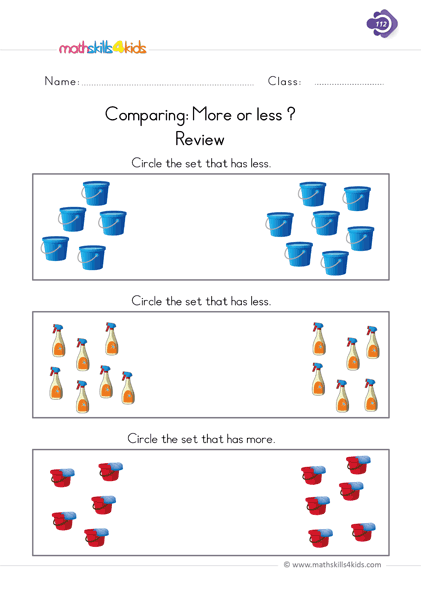 First Grade math worksheets - use comparing words Less or More worksheets