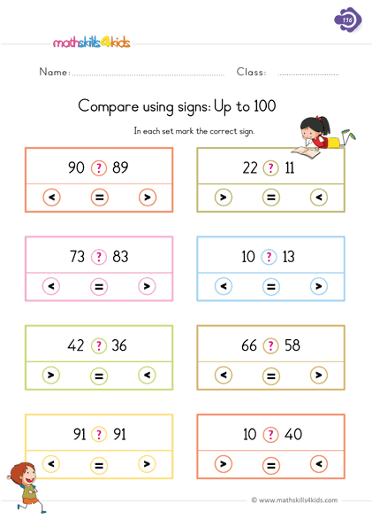 Free printable first Grade comparing numbers worksheets - compare using signs up to 100 worksheets