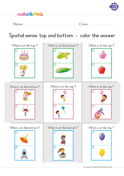 Spatial relations worksheets for first Grade: Printable and Free - top bottom position worksheets