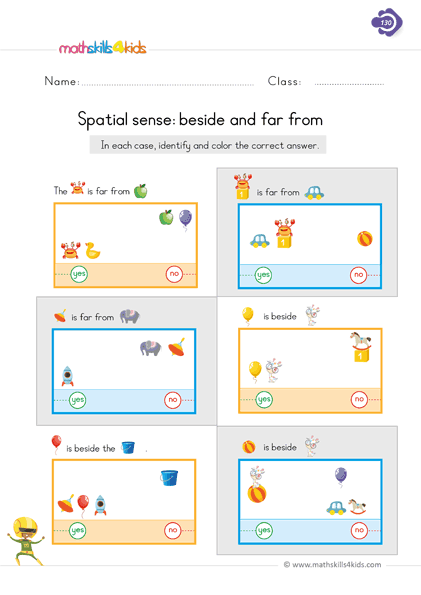 Spatial relations worksheets for first Grade: Printable and Free - beside and far from position worksheets