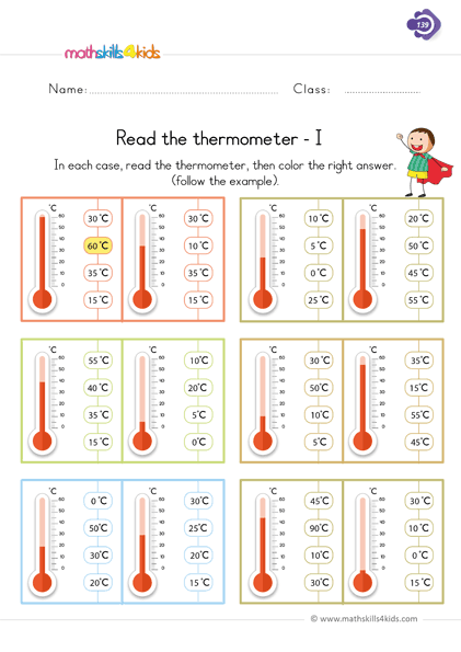 Free printable 1st Grade measurement worksheets and activities - read thermometer values worksheets