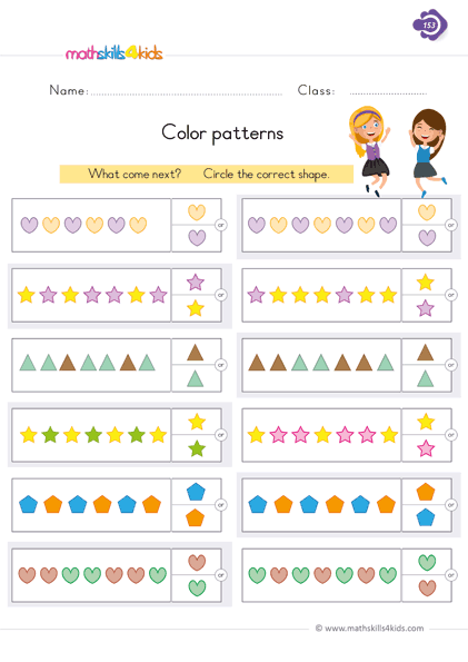 1st Grade free printable pattern worksheets: Fun & engaging activities - carefully observe then show the next shape worksheets