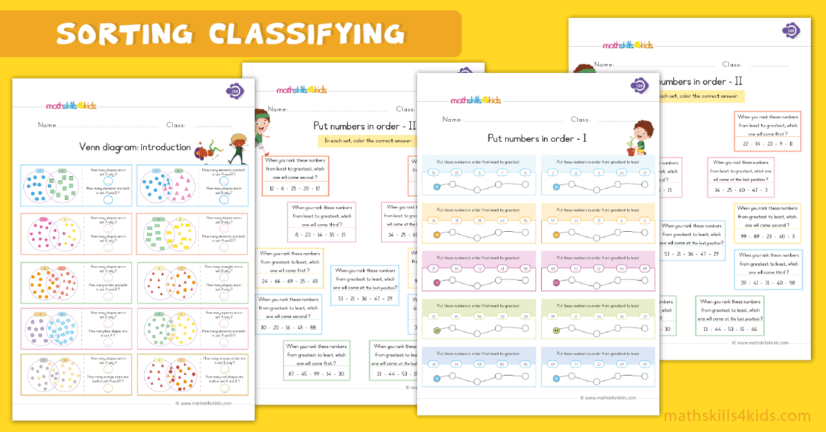First Grade math worksheets - sorting ordering and classifying worksheets