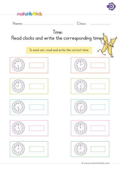 Easy-to-use printable telling time worksheets for 1st Grade - read analog clock and write the correct time worksheets