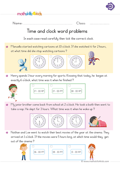 Easy-to-use printable telling time worksheets for 1st Grade - telling time word problems worksheets