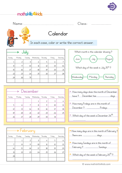 Easy-to-use printable telling time worksheets for 1st Grade - read calendar worksheets