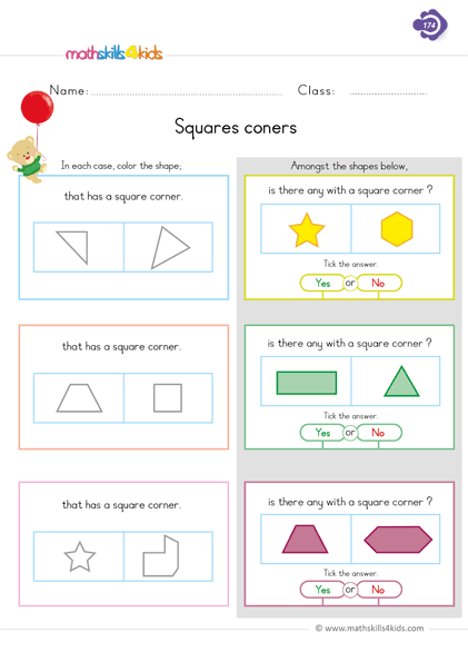 1st Grade two dimensional shapes worksheets PDF - Free download - two dimensional shapes - compare side and corners