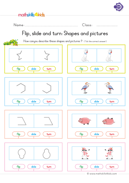 1st Grade two dimensional shapes worksheets PDF - Free download - Flip Slide Turn 2d shapes
