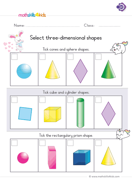 Fun and engaging 3D Shapes worksheets for Grade 1 students - identifying three dimensional shapes