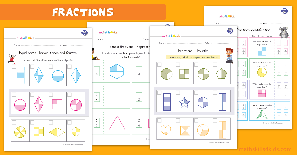 First Grade math worksheets - printable fraction pdf worksheets