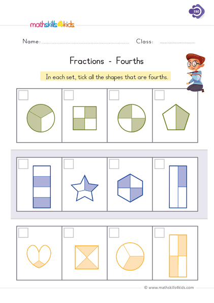Free fraction worksheets for Grade 1 students (PDF Download) - fourths - fractions worksheets