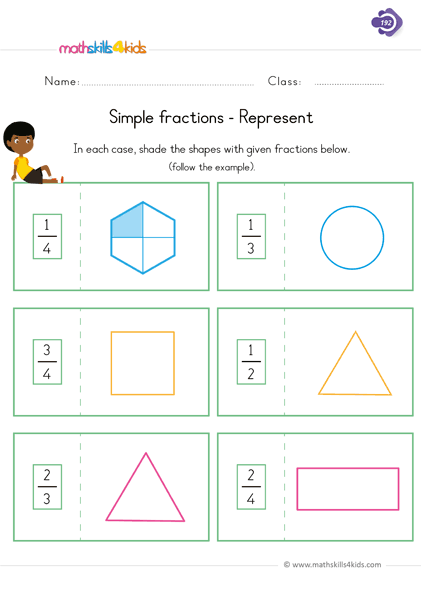 Free fraction worksheets for Grade 1 students (PDF Download) - represent simple fractions