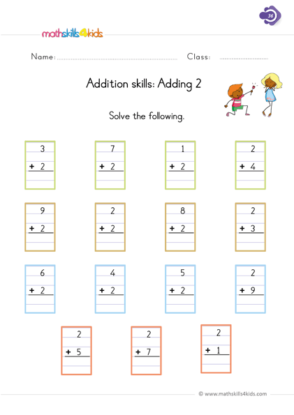 Single-digit addition worksheets for Grade 1: Free printable resources - adding 2