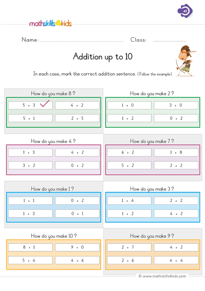Free printable 1st Grade addition worksheets - make number using addition