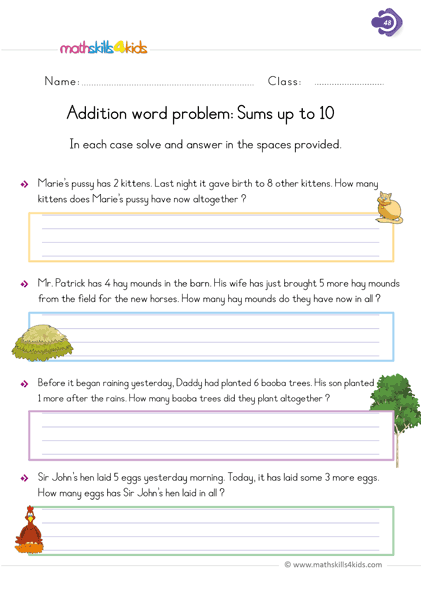 Free printable 1st Grade addition worksheets - addition word problems with sums up to 10