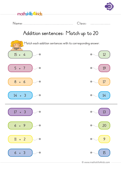 Free printable 1st Grade addition worksheets - addition sentences and sums matching - addition facts to 20