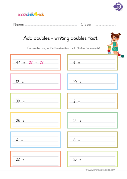 First Grade math worksheets - adding double - complete de missing number