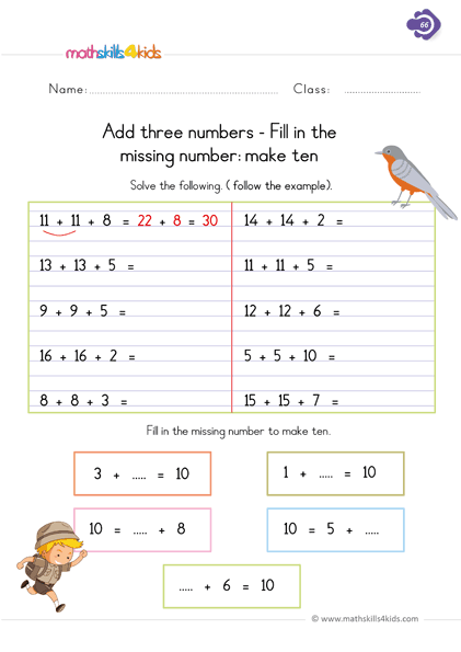 First Grade math worksheets - Add 3 numbers: fill the missing number