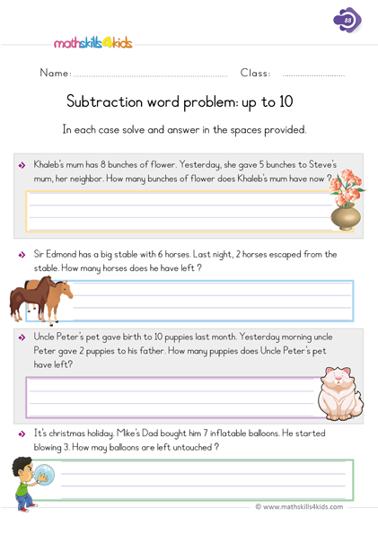 Printable 1st Grade subtraction worksheets pdf with answers key - subtraction word problems worksheets