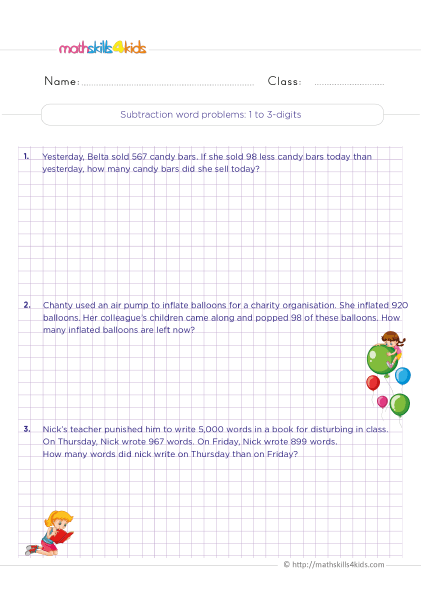 third Grade Math - subtraction word problems 1 to 3-digitworksheets