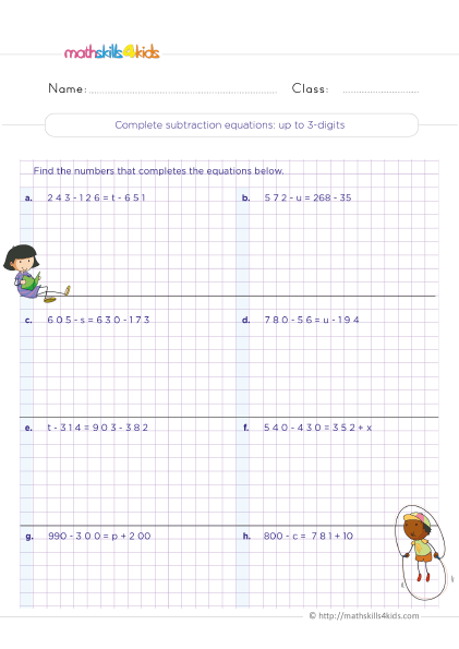 Grade 3 subtraction worksheets: Free PDF download for teachers & parents - complete subtraction equations up to 3 digit
