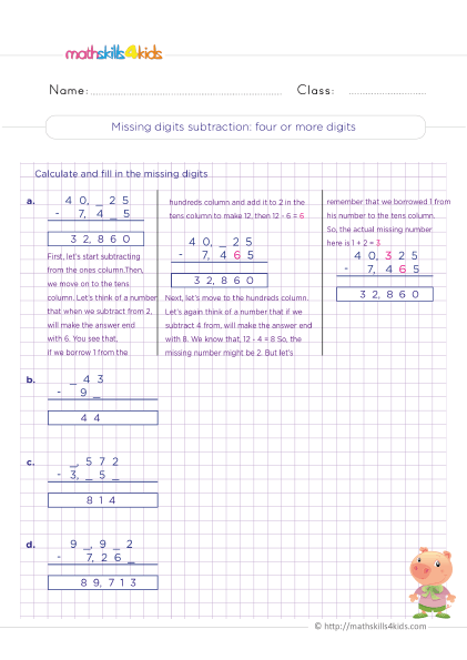 Grade 3 subtraction worksheets: Free PDF download for teachers & parents - missing digits subtration four or more digits