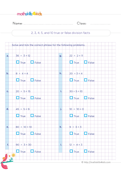 Printable division facts fluency worksheets for 3rd Graders - Division facts : dividing by 2 3 4 5 and 10