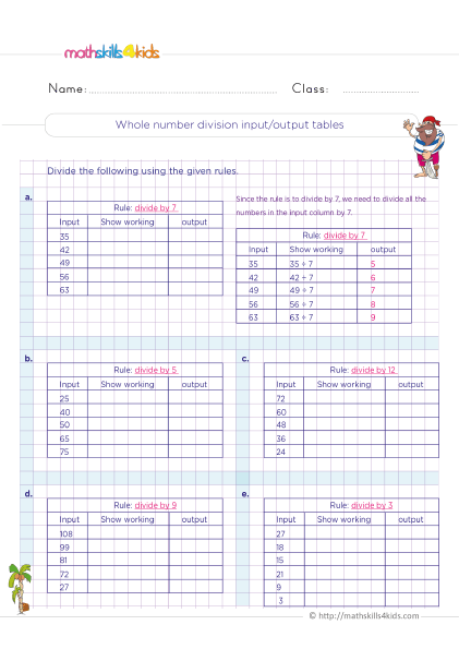 Printable division worksheets for 3rd Grade math for teachers & parents - Whole number division input output tables