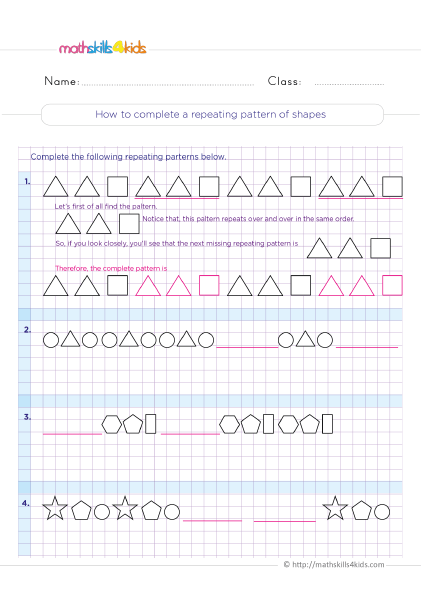 Free patterns worksheets for Grade 3: A fun and easy way to learn about shapes and sequences - Completing a repeating pattern of shapes