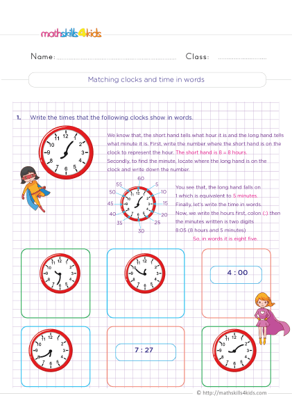 Telling Time Worksheets Grade 3 Pdf with answers - Matching clocks and time in words