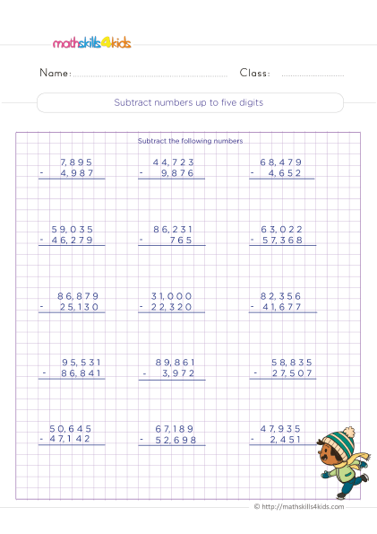Fun and engaging free printable 4th Grade subtraction worksheets - Subtract numbers up to five digit practice