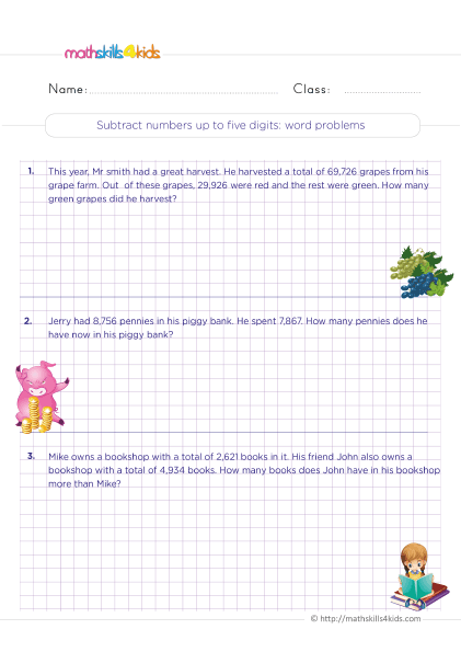 Fun and engaging free printable 4th Grade subtraction worksheets - Subtraction of numbers up to 5-digit word problems