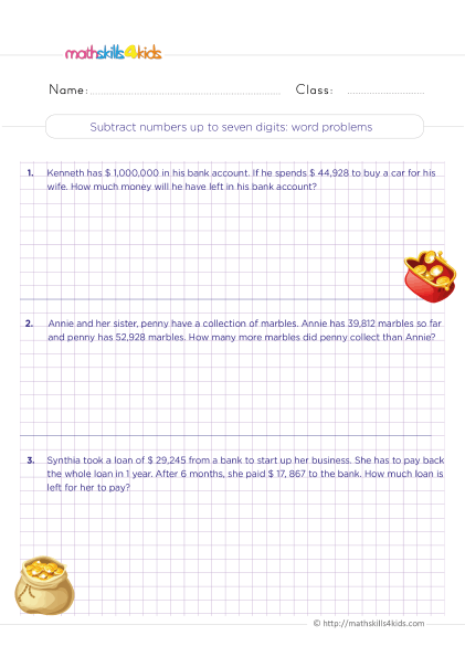 Subtraction Worksheets by Grades - Subtract numbers up to 7-digit word problems