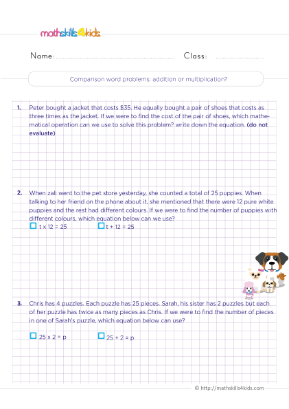 Free printable mixed operations worksheets for Grade 4 - Comparison word problems with addition and multiplication