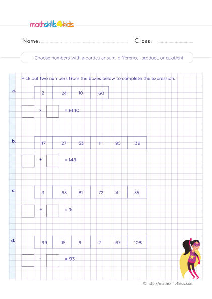 Free printable mixed operations worksheets for Grade 4 - Solving word problems with a particular sum difference prod quotienr practice
