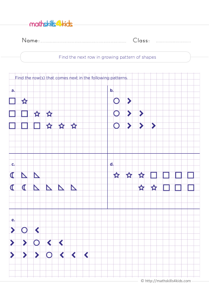 Printable patterns and sequences worksheets for Grade 4: Download now - Find the next row in the growing pattern of shape