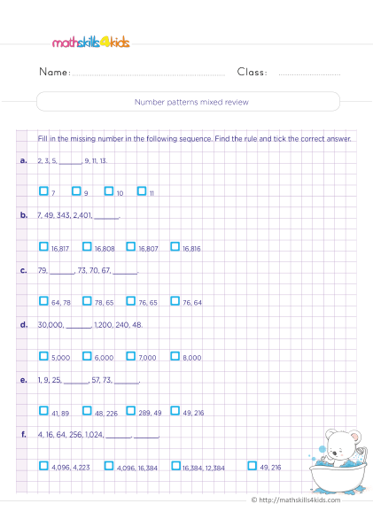 Printable patterns and sequences worksheets for Grade 4: Download now - Number patterns mixed review - Complete with the missing number