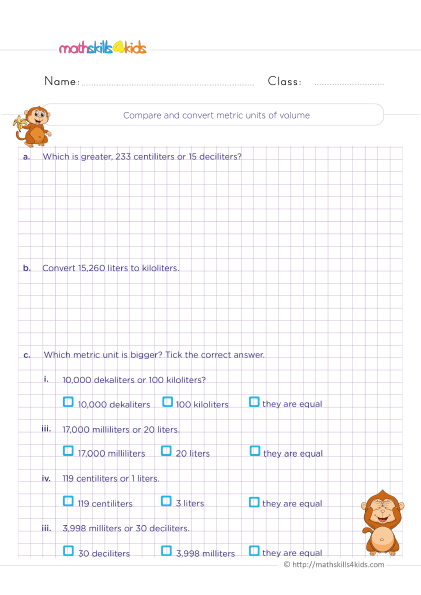 Grade 4 units of measurement worksheets: Free download - Compare and convert metric units of volume