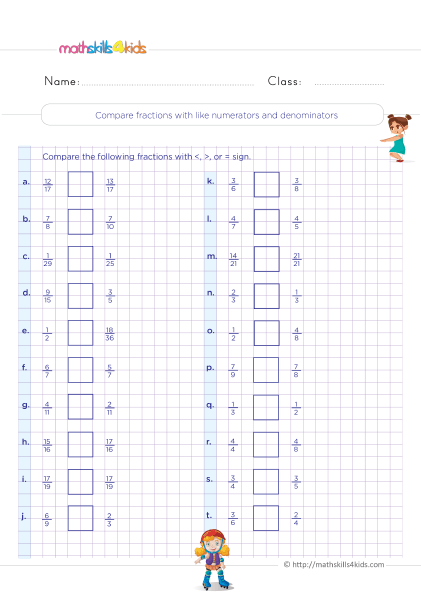 Comparing and ordering fractions worksheets for 4th graders - Compare fractions with like numerators and denominators