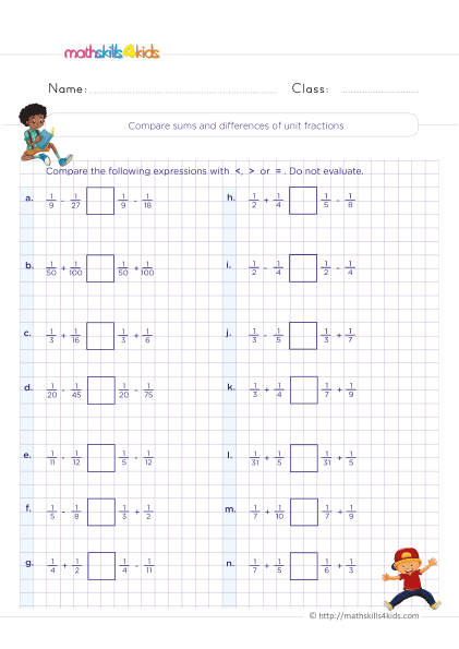 Grade 4 Adding and subtracting unlike fractions: Free download - Comparing differences and sums of unit fractions