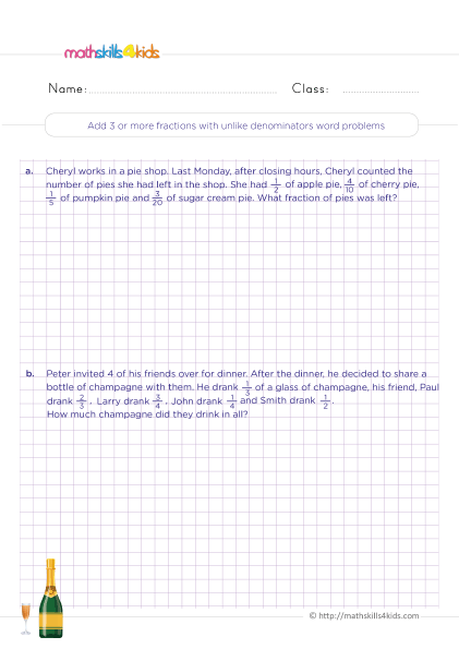Grade 4 Adding and subtracting unlike fractions: Free download - Add three or more fractions with unlike denominators word problems