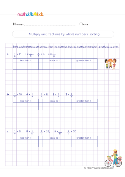 Printable 4th Grade multiplying fractions worksheet - Comparing the products of unit fractions