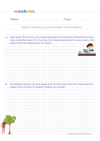 Printable 4th Grade multiplying fractions worksheet - Multiply fractions by whole numbers word problems