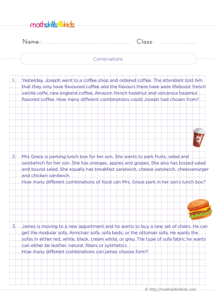 Statistics and probability in 4th Grade: Free worksheets & answers - Solving combinations word problems