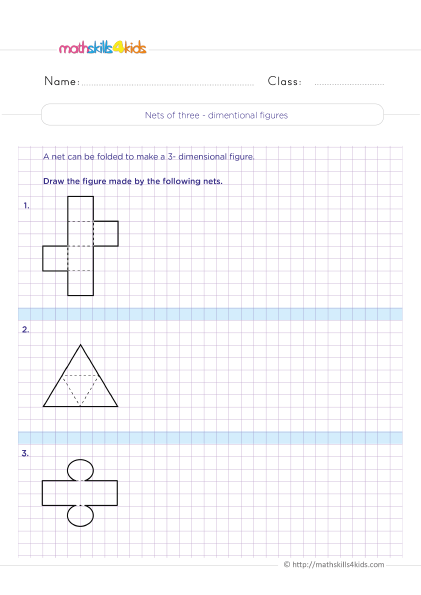 Mastering 3D shapes: Faces, edges, and vertices worksheets for 4th Grade - Understand nets of three dimentional figures