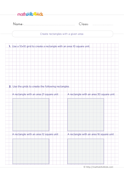 Grade 4 measurement worksheets: Area, perimeter, and volume - Creating rectangles with a given area