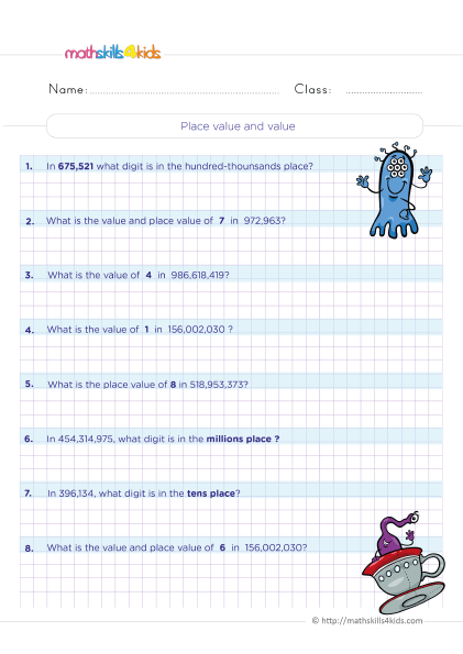 5th-grade number sense and place value worksheets: Free download - Find the place value of a digit in a whole number