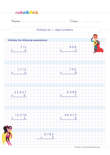 5th Grade Math worksheets with answers - How do you multiply by 1-digit numbers by 1-digit numbers?