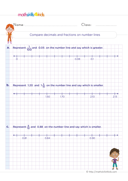 Printable decimal worksheets for Grade 5 with answers - How do you compare decimals and fractions on number lines